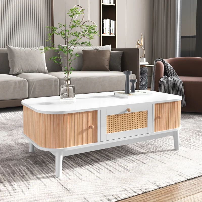 Table basse blanche en rotin 2 portes coulissantes 110x55x38,5 cm MERIDIANCLARITYY