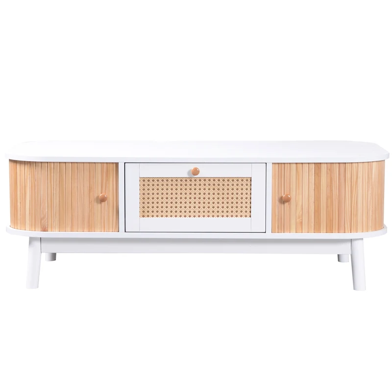 Table basse blanche en rotin 2 portes coulissantes 110x55x38,5 cm MERIDIANCLARITYY