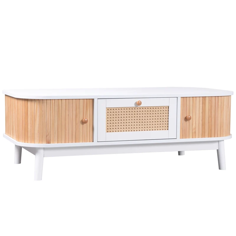 Table basse blanche en rotin 2 portes coulissantes 110x55x38,5 cm MERIDIANCLARITYY