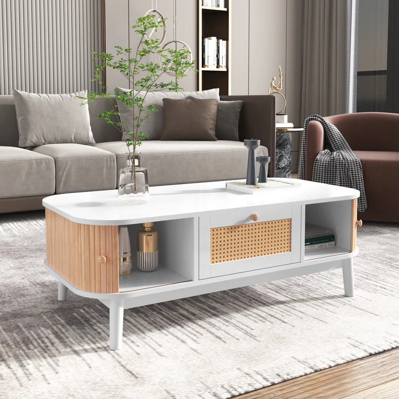 Table basse blanche en rotin 2 portes coulissantes 110x55x38,5 cm MERIDIANCLARITYY