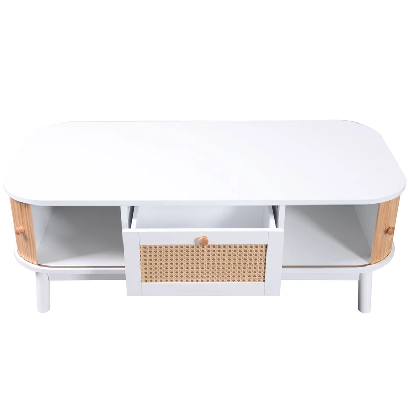 Table basse blanche en rotin 2 portes coulissantes 110x55x38,5 cm MERIDIANCLARITYY
