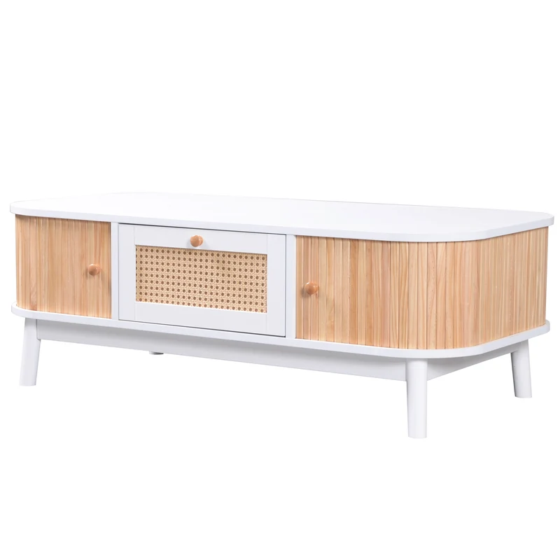 Table basse blanche en rotin 2 portes coulissantes 110x55x38,5 cm MERIDIANCLARITYY