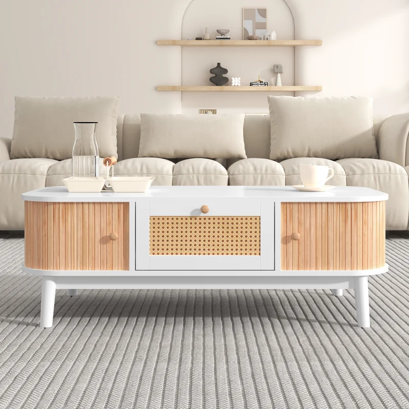 Table basse blanche en rotin 2 portes coulissantes 110x55x38,5 cm MERIDIANCLARITYY