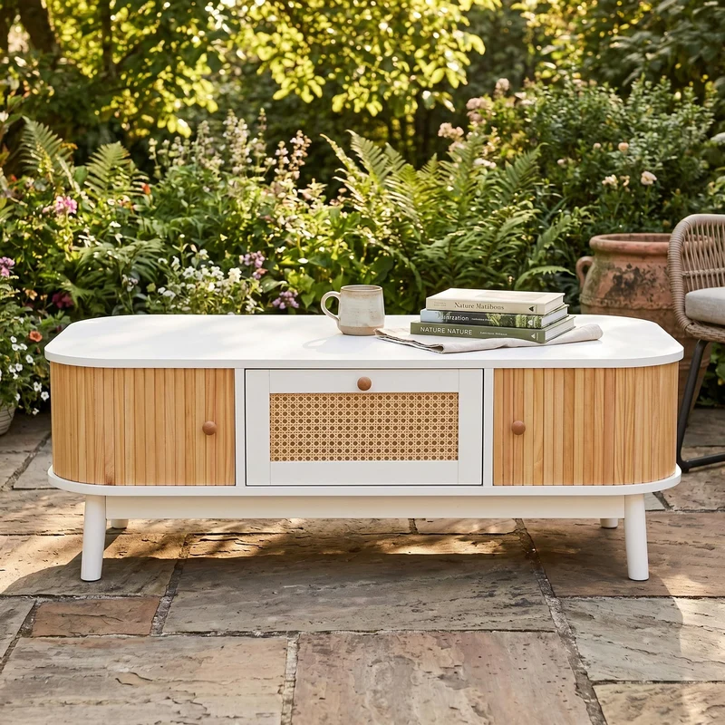 Table basse blanche en rotin 2 portes coulissantes 110x55x38,5 cm MERIDIANCLARITYY