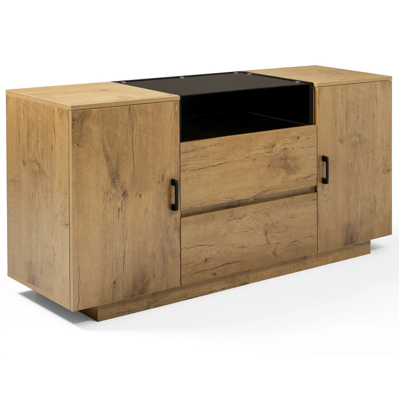 Buffet industriel effet chêne, niche noir et top en verre, 2 portes 2 tiroirs PROTONFEN