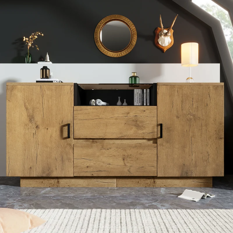 Buffet industriel effet chêne, niche noir et top en verre, 2 portes 2 tiroirs PROTONFEN