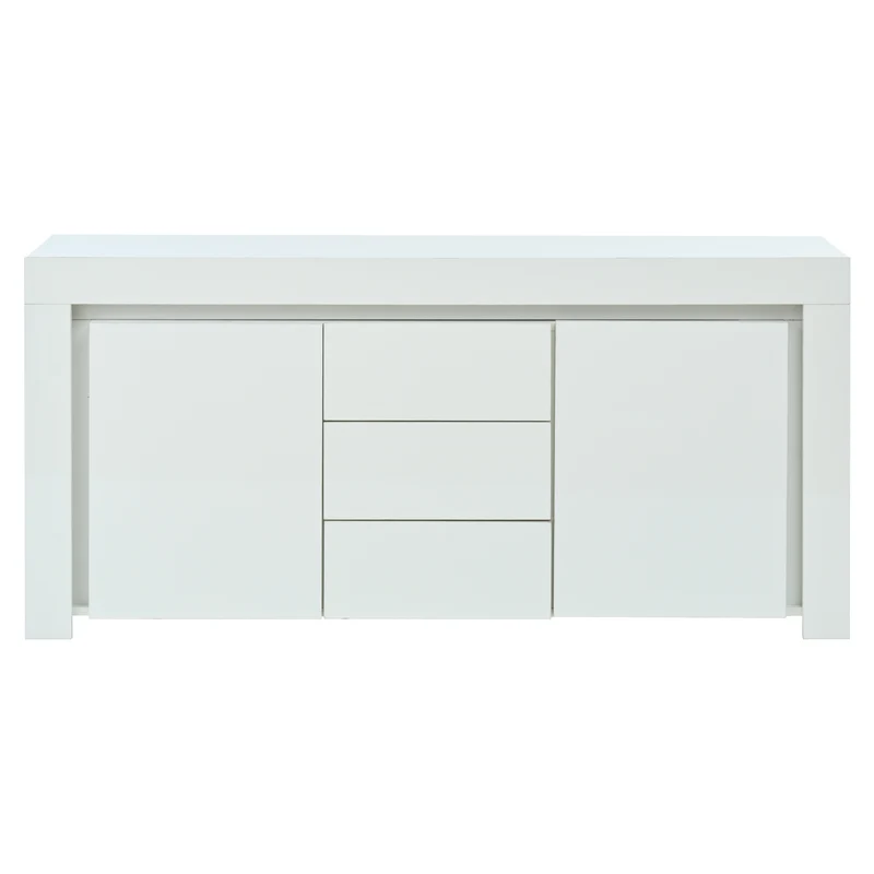 Buffet blanc laqué brillant avec éclairage LED 2 portes 3 tiroirs EUGLENOID