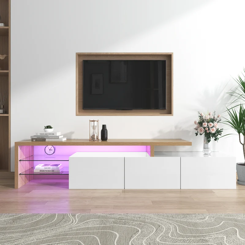 Design de meuble TV moderne blanc brillant aspect bois éclairage LED avec 3 portes battantes et étagères en verre rangement VROKEL
