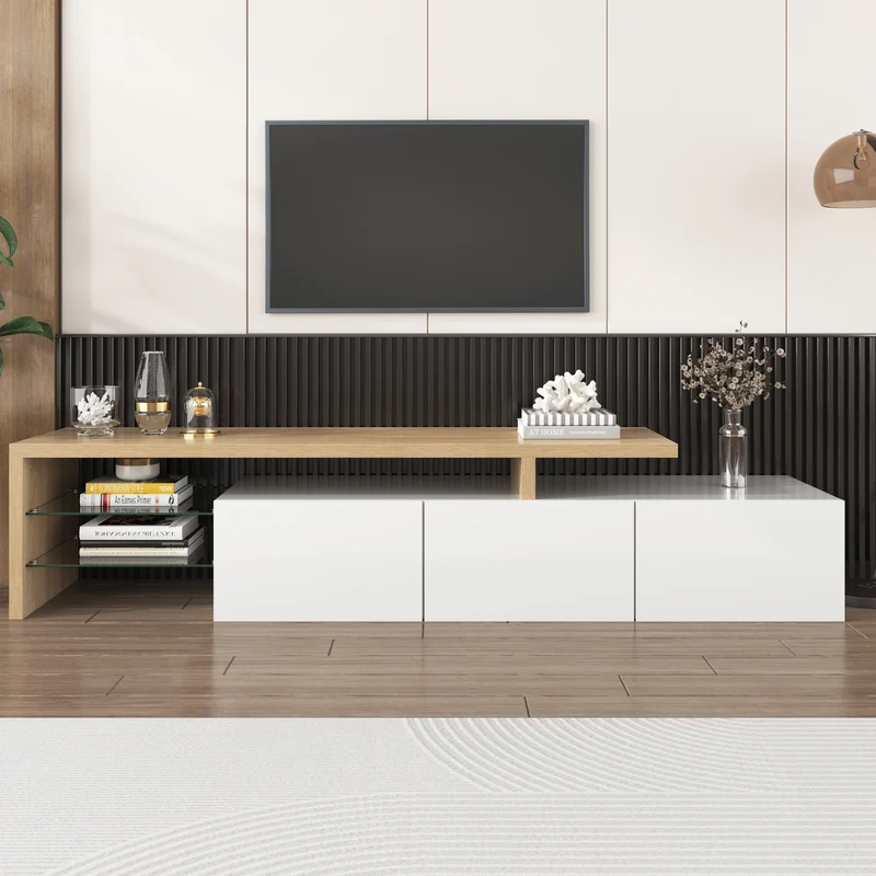 Design de meuble TV moderne blanc brillant aspect bois éclairage LED avec 3 portes battantes et étagères en verre rangement VROKEL