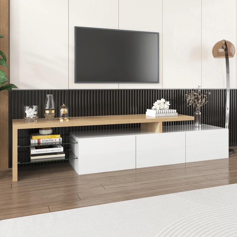 Design de meuble TV moderne blanc brillant aspect bois éclairage LED avec 3 portes battantes et étagères en verre rangement VROKEL