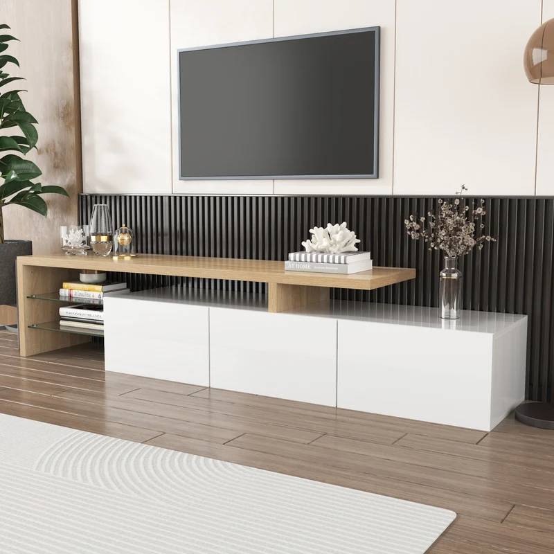 Design de meuble TV moderne blanc brillant aspect bois éclairage LED avec 3 portes battantes et étagères en verre rangement VROKEL