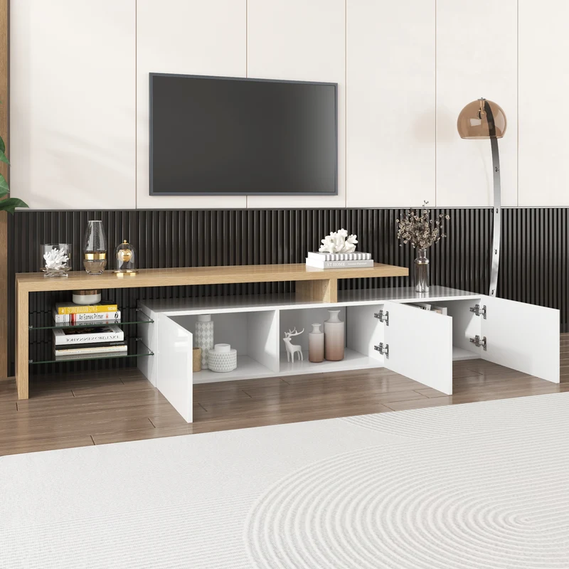 Design de meuble TV moderne blanc brillant aspect bois éclairage LED avec 3 portes battantes et étagères en verre rangement VROKEL