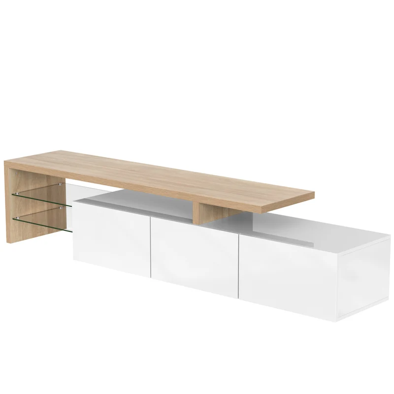 Design de meuble TV moderne blanc brillant aspect bois éclairage LED avec 3 portes battantes et étagères en verre rangement VROKEL