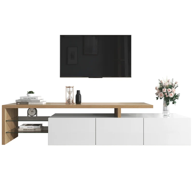 Design de meuble TV moderne blanc brillant aspect bois éclairage LED avec 3 portes battantes et étagères en verre rangement VROKEL
