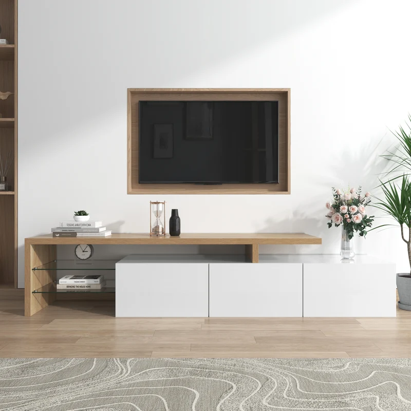 Design de meuble TV moderne blanc brillant aspect bois éclairage LED avec 3 portes battantes et étagères en verre rangement VROKEL