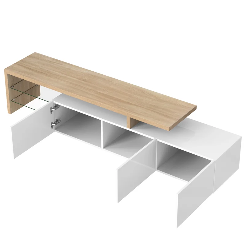 Design de meuble TV moderne blanc brillant aspect bois éclairage LED avec 3 portes battantes et étagères en verre rangement VROKEL