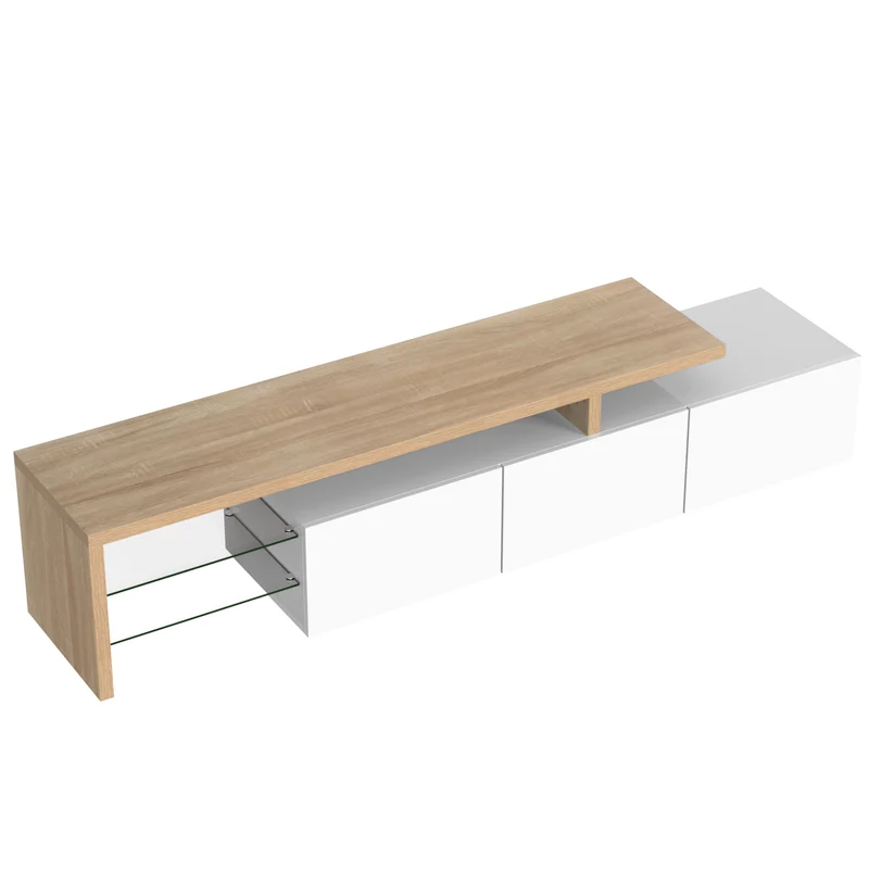Design de meuble TV moderne blanc brillant aspect bois éclairage LED avec 3 portes battantes et étagères en verre rangement VROKEL