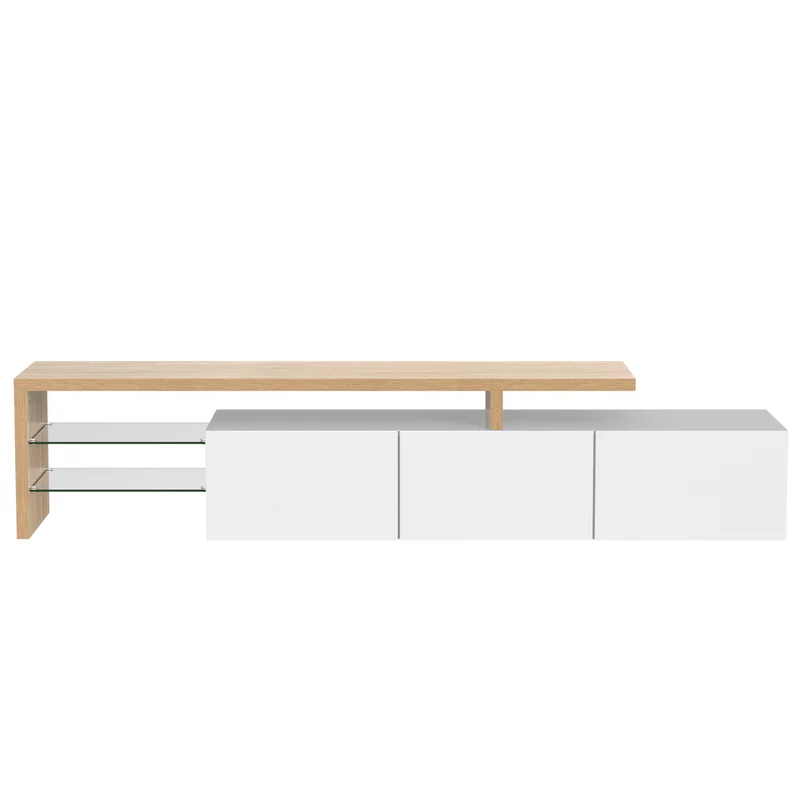 Design de meuble TV moderne blanc brillant aspect bois éclairage LED avec 3 portes battantes et étagères en verre rangement VROKEL