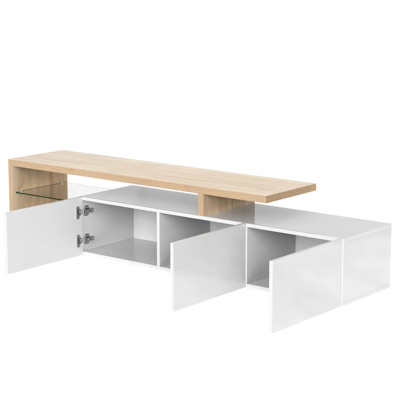 Design de meuble TV moderne blanc brillant aspect bois éclairage LED avec 3 portes battantes et étagères en verre rangement VROKEL