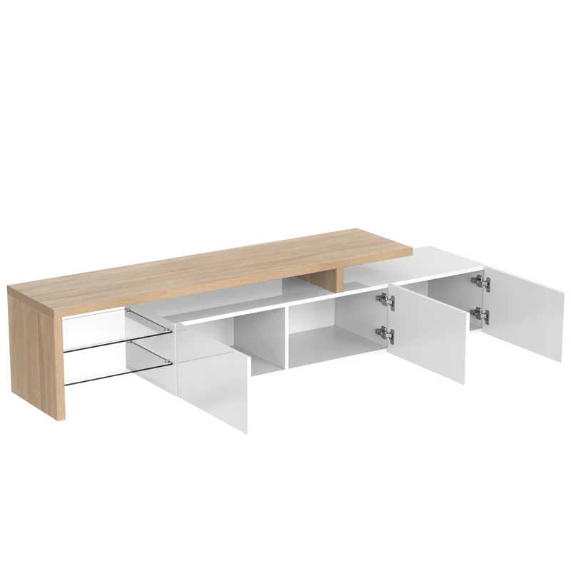 Design de meuble TV moderne blanc brillant aspect bois éclairage LED avec 3 portes battantes et étagères en verre rangement VROKEL