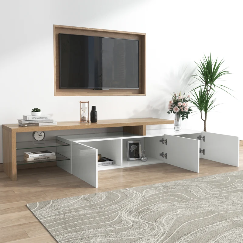 Design de meuble TV moderne blanc brillant aspect bois éclairage LED avec 3 portes battantes et étagères en verre rangement VROKEL