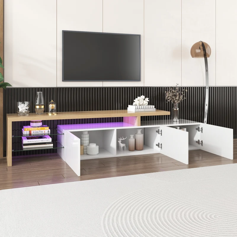 Design de meuble TV moderne blanc brillant aspect bois éclairage LED avec 3 portes battantes et étagères en verre rangement VROKEL