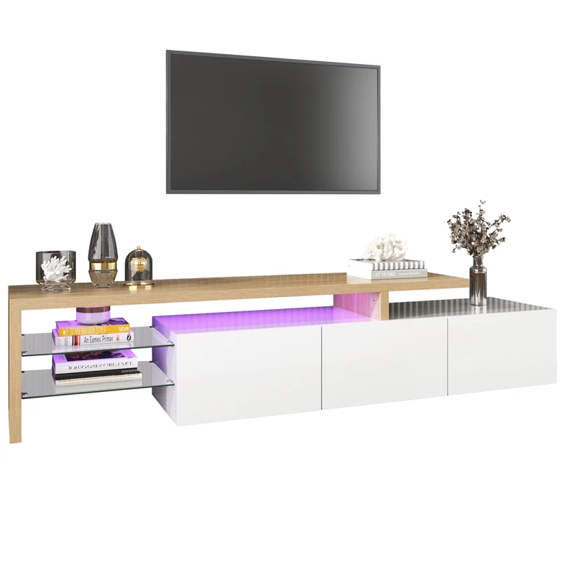 Design de meuble TV moderne blanc brillant aspect bois éclairage LED avec 3 portes battantes et étagères en verre rangement VROKEL
