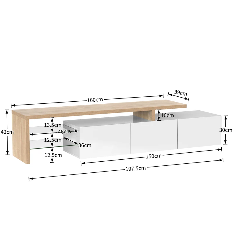 Design de meuble TV moderne blanc brillant aspect bois éclairage LED avec 3 portes battantes et étagères en verre rangement VROKEL