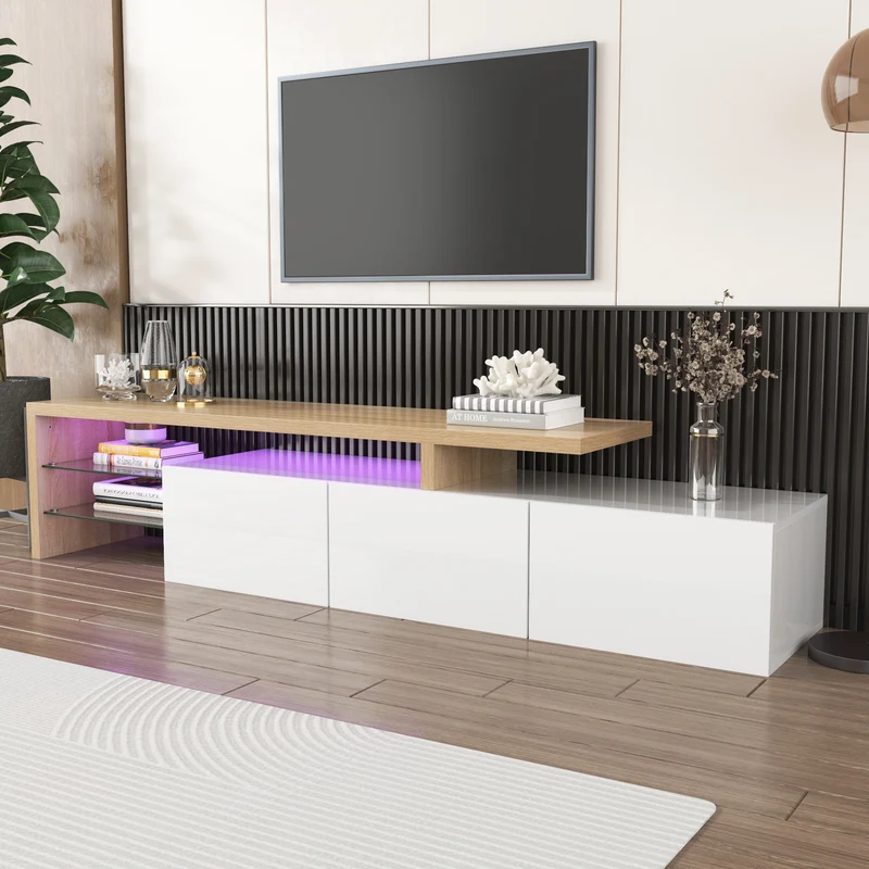 Design de meuble TV moderne blanc brillant aspect bois éclairage LED avec 3 portes battantes et étagères en verre rangement VROKEL