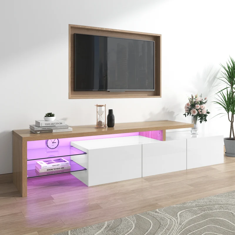 Design de meuble TV moderne blanc brillant aspect bois éclairage LED avec 3 portes battantes et étagères en verre rangement VROKEL