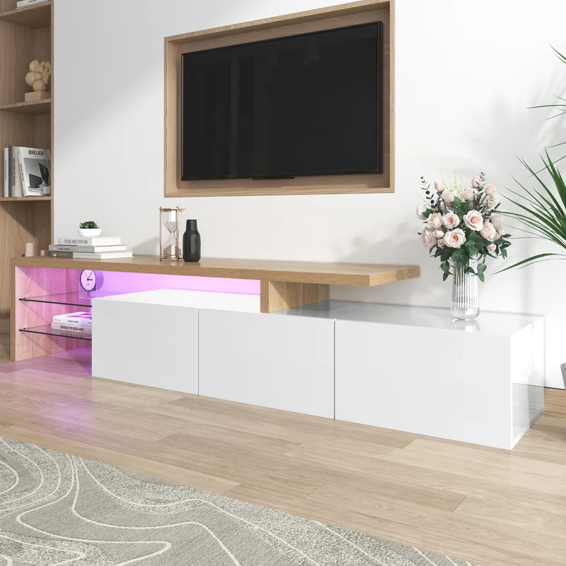 Design de meuble TV moderne blanc brillant aspect bois éclairage LED avec 3 portes battantes et étagères en verre rangement VROKEL
