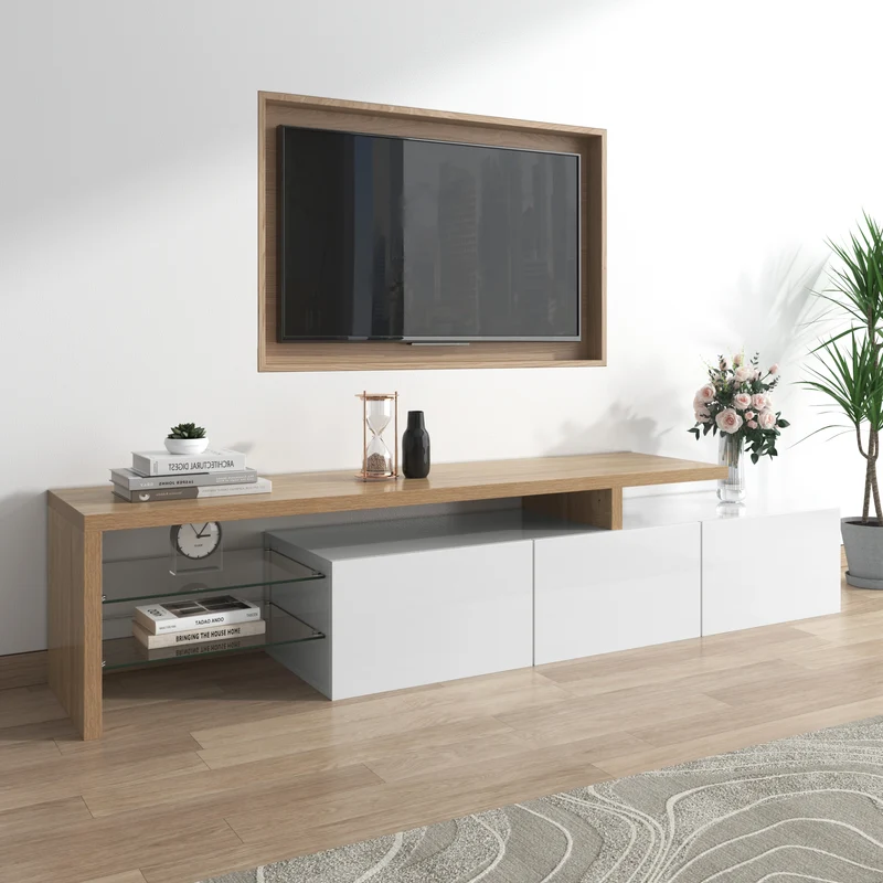 Design de meuble TV moderne blanc brillant aspect bois éclairage LED avec 3 portes battantes et étagères en verre rangement VROKEL