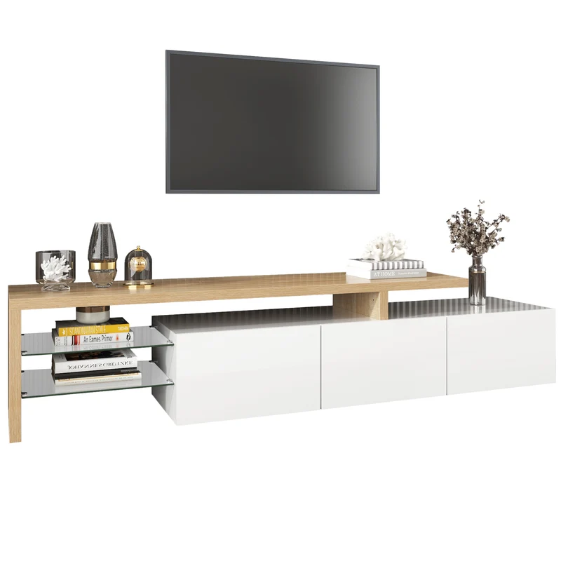 Design de meuble TV moderne blanc brillant aspect bois éclairage LED avec 3 portes battantes et étagères en verre rangement VROKEL