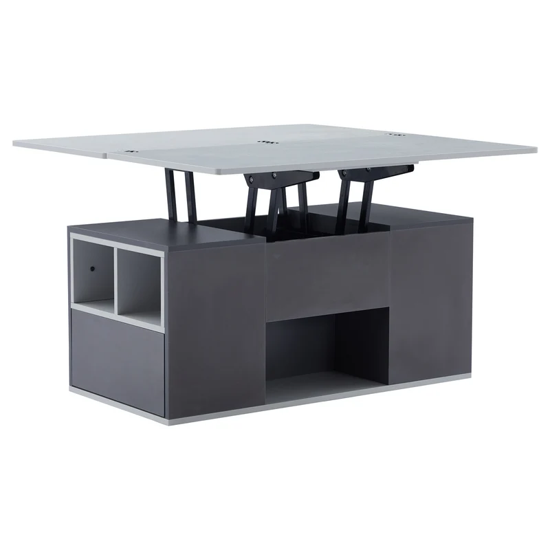 Table basse blanc et gris tablette relevable pliable, 2 portes 3 niches et 2 tiroirs 100x51cm RIFTKRYOSYNATH