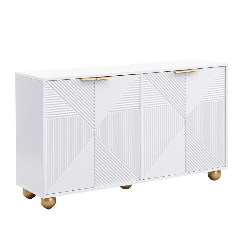 Buffet blanc 4 portes sculptées, poignées dorées pieds boule 120x35x71,5cm RIFTKRYNNATHOR
