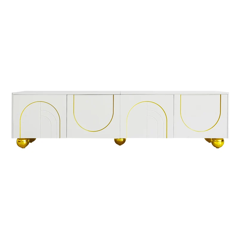 Meuble TV blanc luxueux avec portes sculptées et pieds dorés AEKRON G