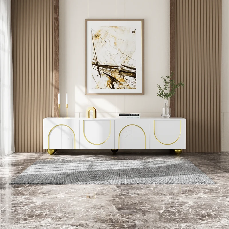 Meuble TV blanc luxueux avec portes sculptées et pieds dorés AEKRON G