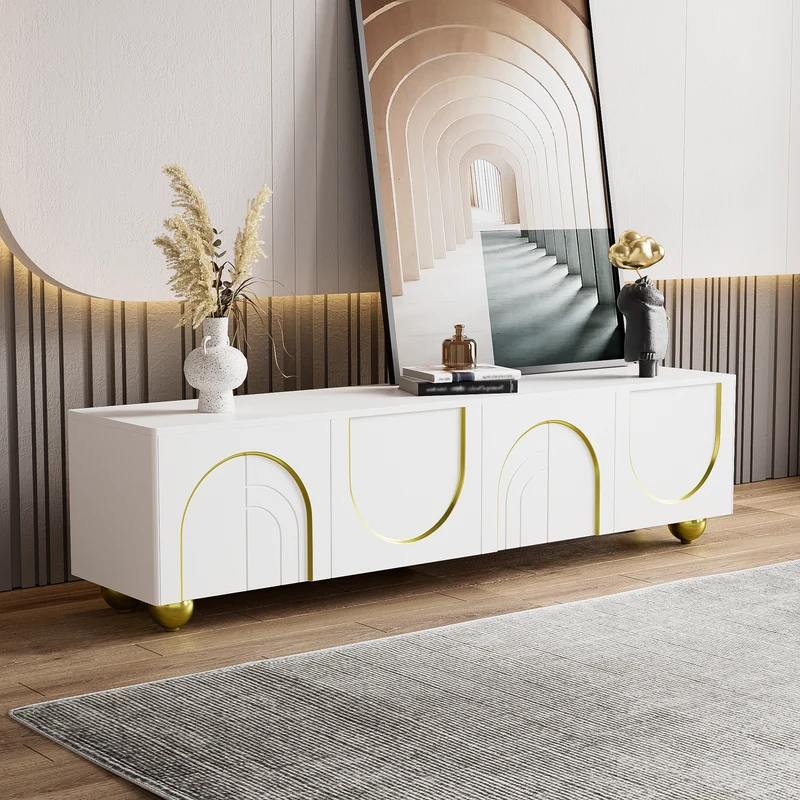 Meuble TV blanc luxueux avec portes sculptées et pieds dorés AEKRON G