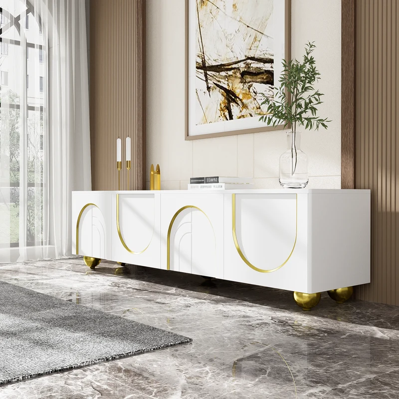 Meuble TV blanc luxueux avec portes sculptées et pieds dorés AEKRON G