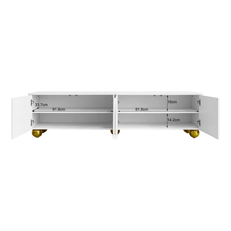Meuble TV blanc luxueux avec portes sculptées et pieds dorés AEKRON G