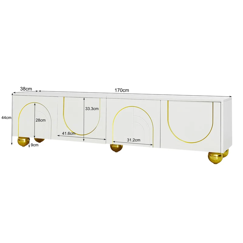 Meuble TV blanc luxueux avec portes sculptées et pieds dorés AEKRON G