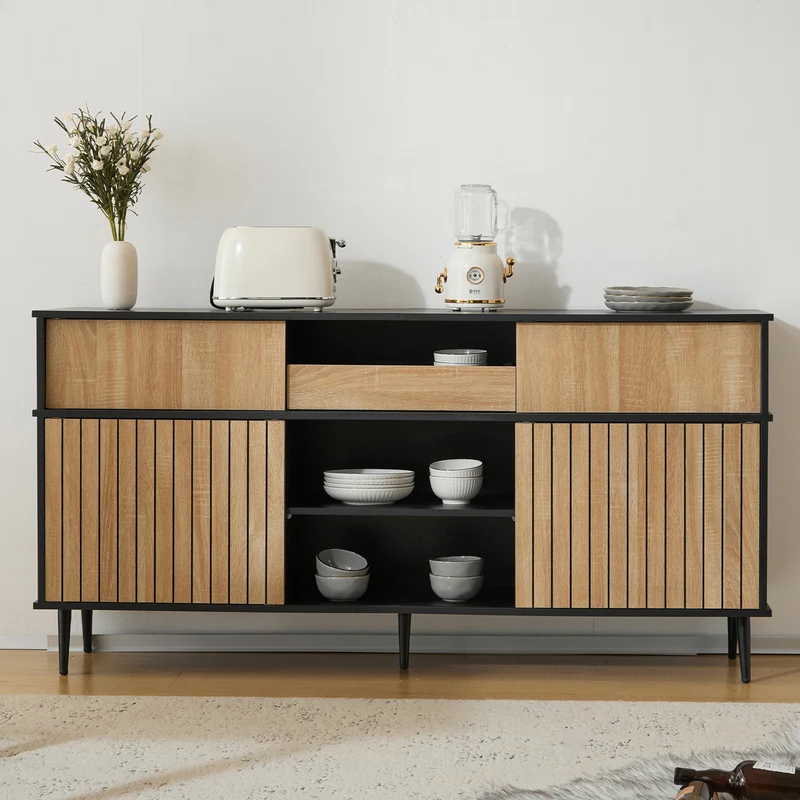 Buffet effet bois chêne avec 4 portes coulissantes et 1 tiroir 160Lx40Px80Hcm BIMPHA