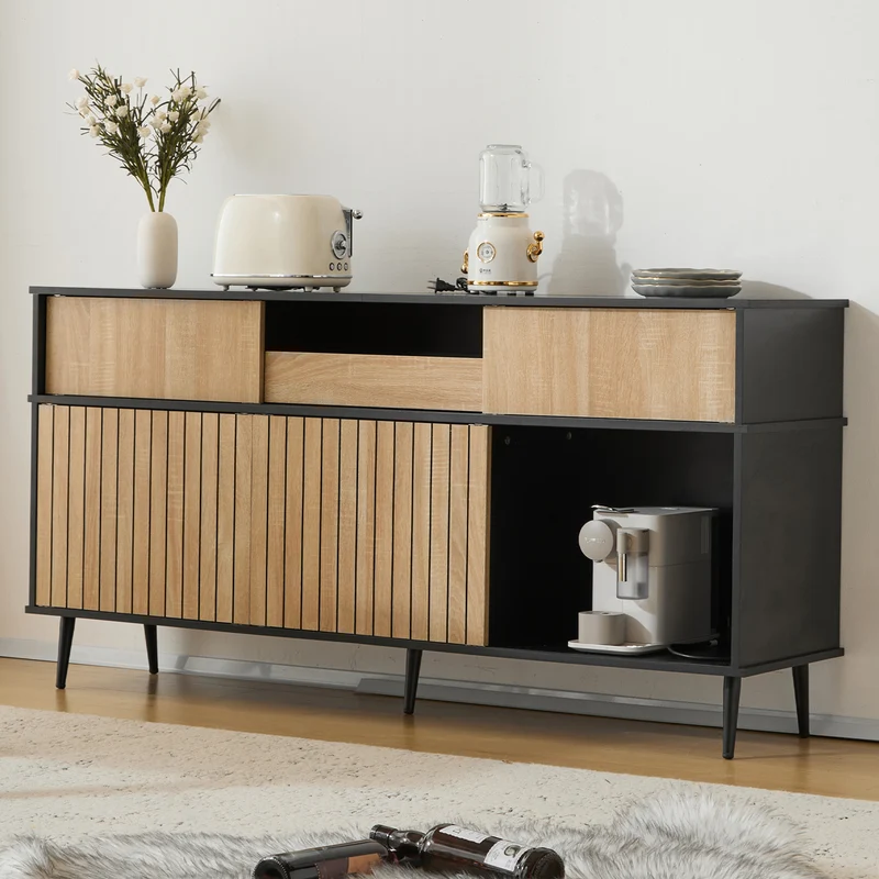 Buffet effet bois chêne avec 4 portes coulissantes et 1 tiroir 160Lx40Px80Hcm BIMPHA