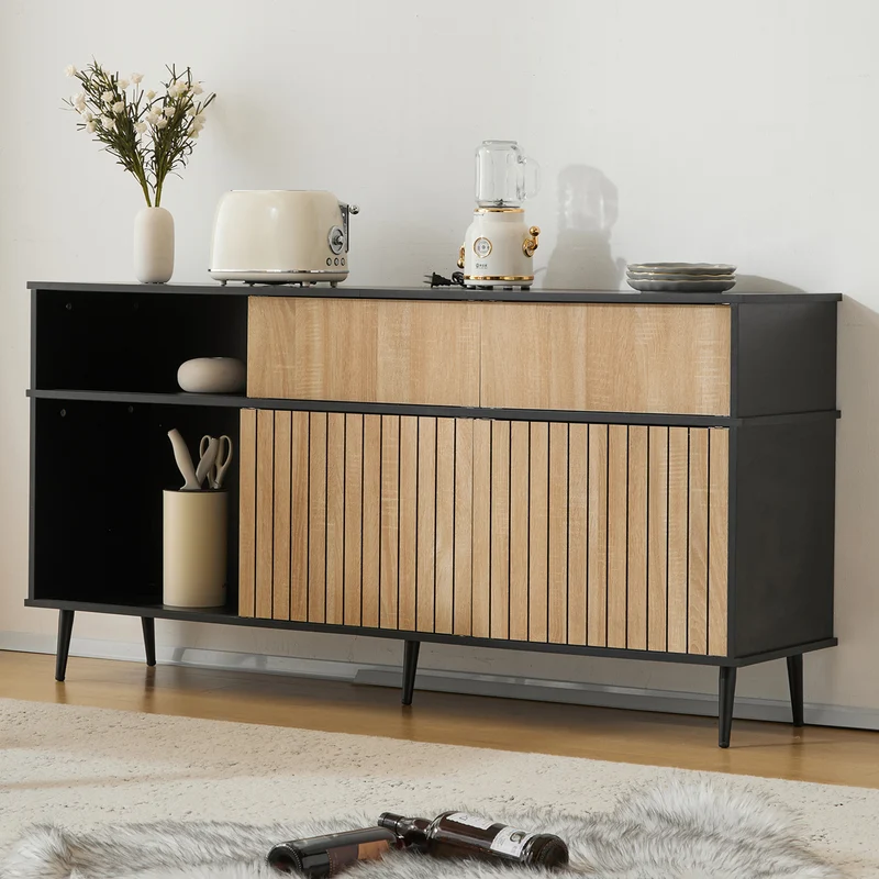 Buffet effet bois chêne avec 4 portes coulissantes et 1 tiroir 160Lx40Px80Hcm BIMPHA