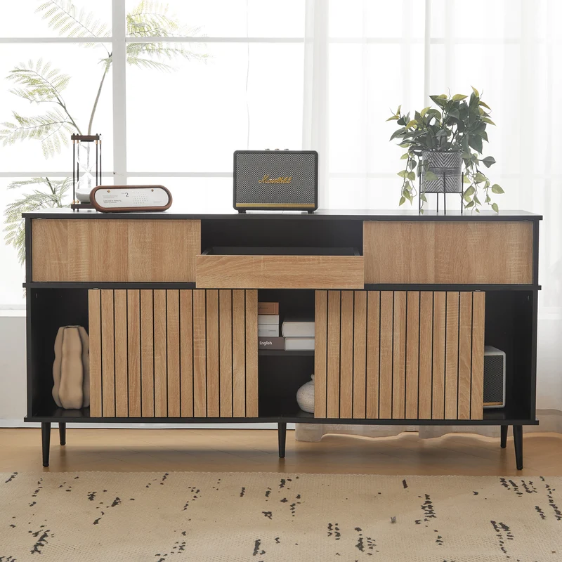 Buffet effet bois chêne avec 4 portes coulissantes et 1 tiroir 160Lx40Px80Hcm BIMPHA
