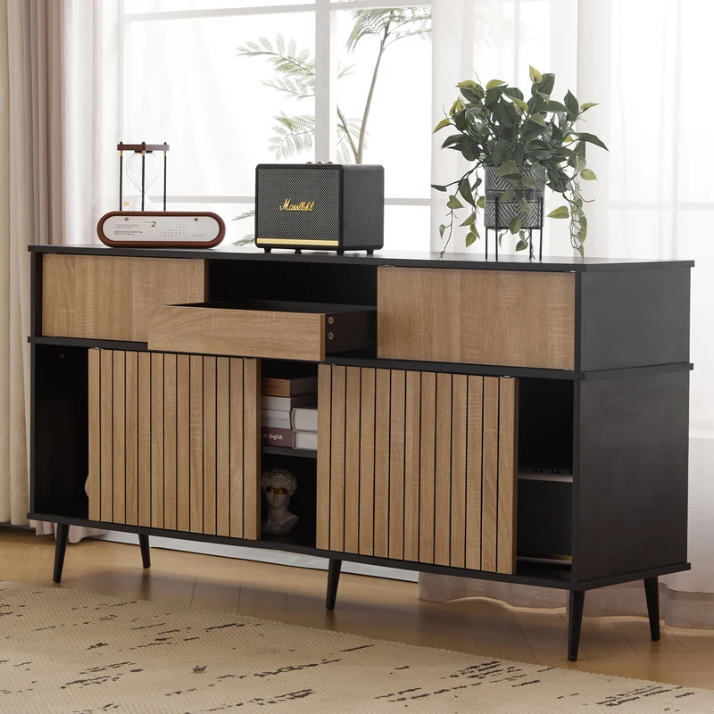Buffet effet bois chêne avec 4 portes coulissantes et 1 tiroir 160Lx40Px80Hcm BIMPHA