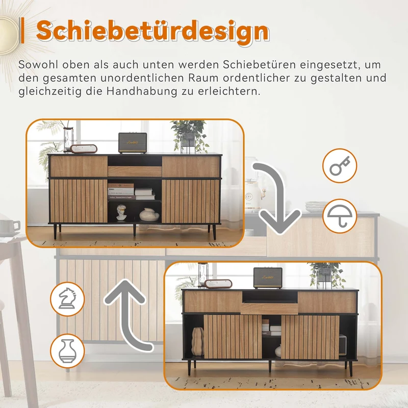 Buffet effet bois chêne avec 4 portes coulissantes et 1 tiroir 160Lx40Px80Hcm BIMPHA