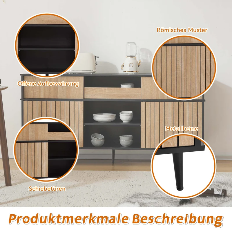Buffet effet bois chêne avec 4 portes coulissantes et 1 tiroir 160Lx40Px80Hcm BIMPHA