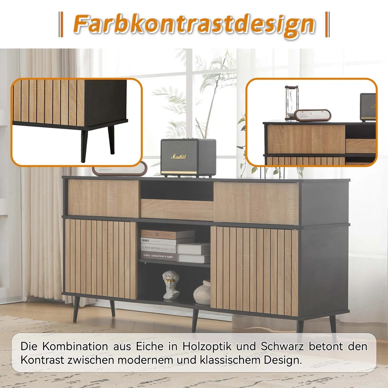 Buffet effet bois chêne avec 4 portes coulissantes et 1 tiroir 160Lx40Px80Hcm BIMPHA