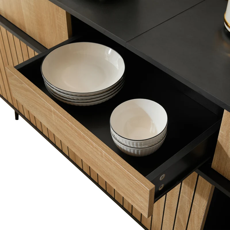 Buffet effet bois chêne avec 4 portes coulissantes et 1 tiroir 160Lx40Px80Hcm BIMPHA